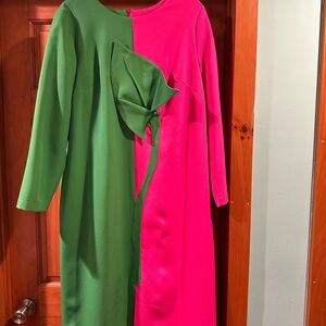 Moldovan Designer Elegant Green and Pink Long Sleeve Dress with sculpted flower